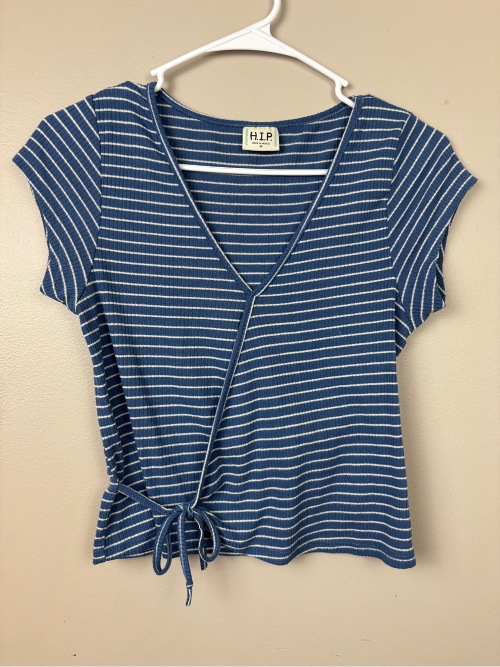h.i.p. Blue and White Striped Wrap Tie Short Sleeve Top